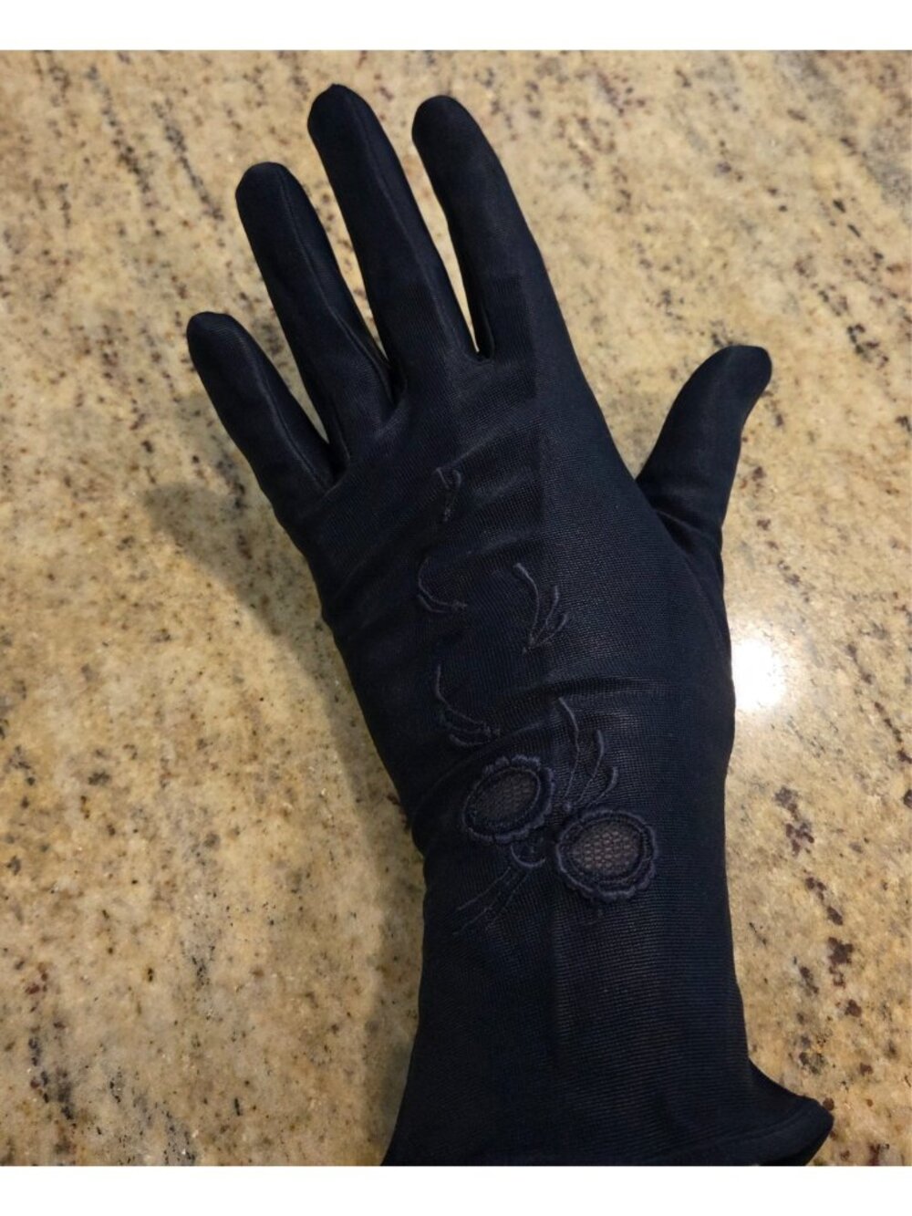 Vintage Womens Size L/XL Blue Rayon Formal Gloves Embroidered Floral Mesh Unique